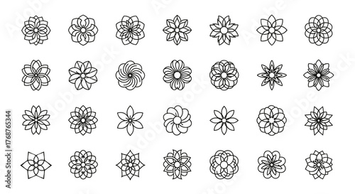A collection of 28 intricate, white, floral-inspired mandala designs with a textured, slightly distressed appearance, set against a stark black background, offering a variety of symmetrical patterns