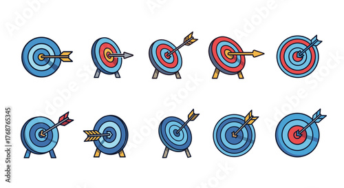 Set of ten flat design target icons with arrows, representing goals, accuracy, and achievement in business and sports. These vector graphics are perfect for illustrating concepts of success