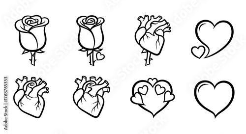 Collection of hand-drawn heart icons in various styles and sizes, perfect for romantic themes, Valentine's Day, or expressing love and affection in graphic design projects, presented on a clean