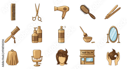 A comprehensive collection of stylized vector icons representing various hair salon and barber shop tools and services, perfect for beauty industry branding and design projects.