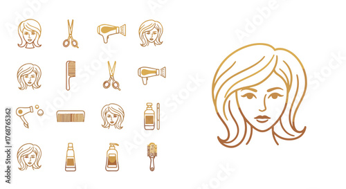 Golden line art icons representing hair salon services and tools, including female faces, scissors, hair dryers, combs, hairspray bottles, and brushes, set against a black background, symbolizing