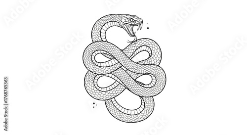 Line drawing illustration of a snake forming an infinity symbol on a white background