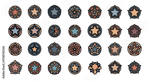 A collection of twenty-four unique star icons in various muted color palettes, each enclosed within a circular border, presented on a black background. These graphic elements feature distinct