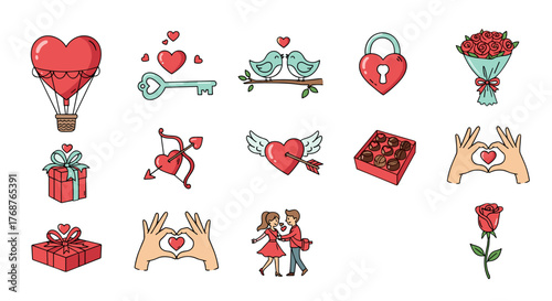 Collection of Valentine's Day Icons: A romantic assortment featuring a hot air balloon heart, key, lovebirds, heart-shaped lock, rose bouquet, gift boxes, cupid's arrow, heart with wings, chocolates