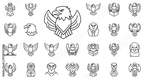 Collection of stylized eagle and hawk emblems and icons, presented in a clean, white outline on a black background, showcasing diverse artistic interpretations of these majestic birds of prey for