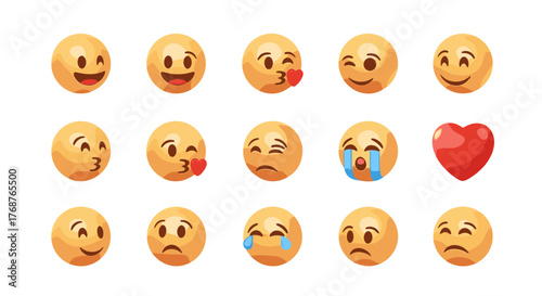 Collection of 3D rendered emojis showcasing a variety of emotions and expressions, including happiness, love, sadness, and winking, set against a plain black background, perfect for digital