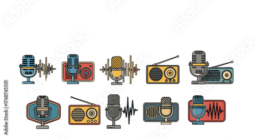 Retro broadcast equipment, including vintage microphones and classic radios, depicted in a flat, colorful vector illustration style, symbolizing audio recording, broadcasting, and communication