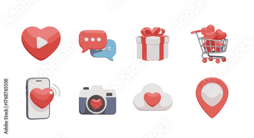 Collection of 3D social media icons and symbols featuring hearts, play button, chat bubbles, gift box, shopping cart, smartphone, camera, cloud, and location pin, rendered in a vibrant, modern style