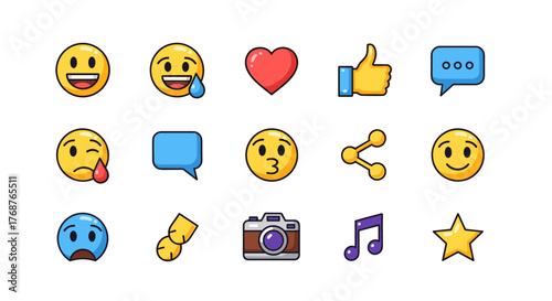 Collection of 15 vibrant and expressive flat design icons representing various emotions, social media symbols, and objects, set against a clean black background for maximum contrast and versatility