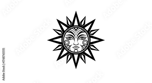 Tribal sun face design with pointed rays radiating outwards, a bold graphic illustration