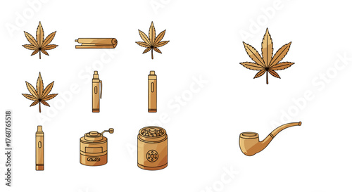 Golden cannabis leaf icons and smoking accessories, including a pipe, vape pens, a grinder, and a rolled joint, presented on a black background, symbolizing marijuana culture and consumption methods.