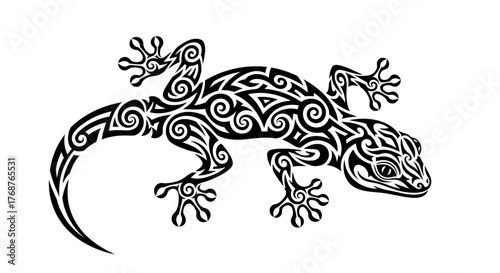 Tribal gecko design with intricate swirling patterns isolated on a white background