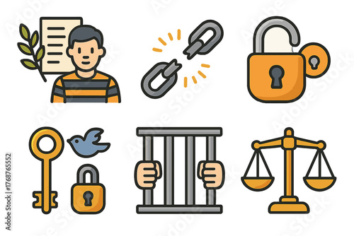 Justice elements with scales, key, lock, chains, bars, document, male icon
