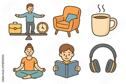 Balancing work and relaxation: yoga, reading, coffee, and meditation