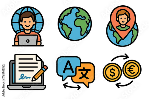 Multicultural communication: technology, translation, currency exchange, global connection icons