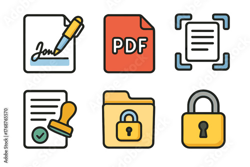 Document management icons set: signature, pdf, scan, approval, file security