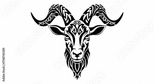 Intricate tribal goat head design displaying bold horns and detailed patterns in monochrome