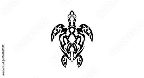 Stylized sea turtle illustration, tribal tattoo design aesthetics, marine animal silhouette, black