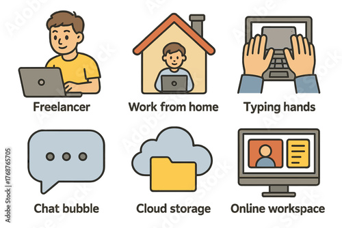 Freelancer and remote work icons: typing, chat, cloud storage, online workspace