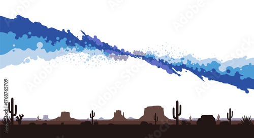 Stylized desert landscape with blue watercolor effect creating an ethereal atmosphere