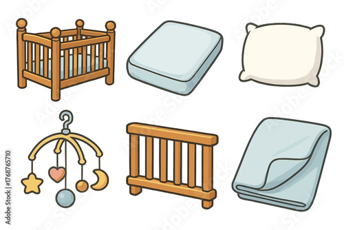 Collection of baby nursery items including crib, mattress, pillow, mobile, rail, and blanket