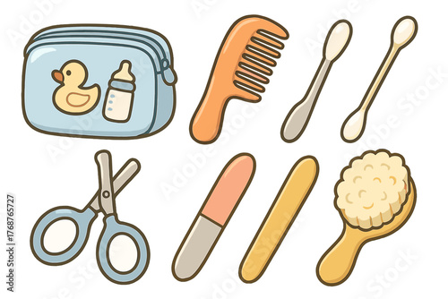 Baby grooming kit with comb, scissors, brush, cotton swabs, and nail file