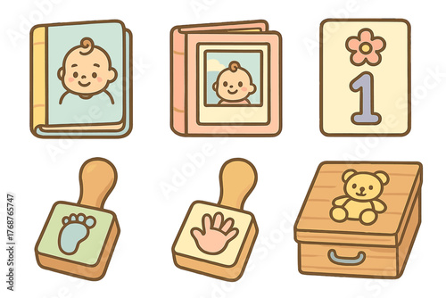 Cartoon baby albums and keepsakes with adorable icons and floral designs