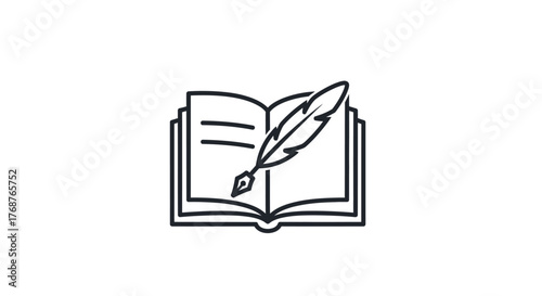 Minimalist open book with feather quill illustration evoking creativity and literature