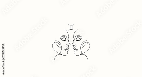 Twin faces in minimalist line art, zodiacal gemini representation and duality essence