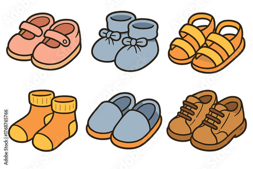 Collection of colorful children's shoes and socks in various styles