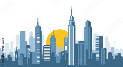 Stylized cityscape illustration at dusk, featuring modern buildings and a minimalist, flat design