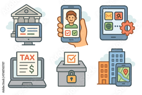 Digital technology icons depicting banking, voting, tax, and navigation on smart devices