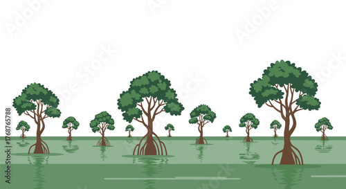 Mangrove trees thrive in shallow green water creating a coastal forest landscape illustration