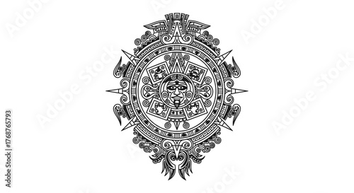 Intricate black and white rendition of the Aztec sun stone embodying ancient cultural design