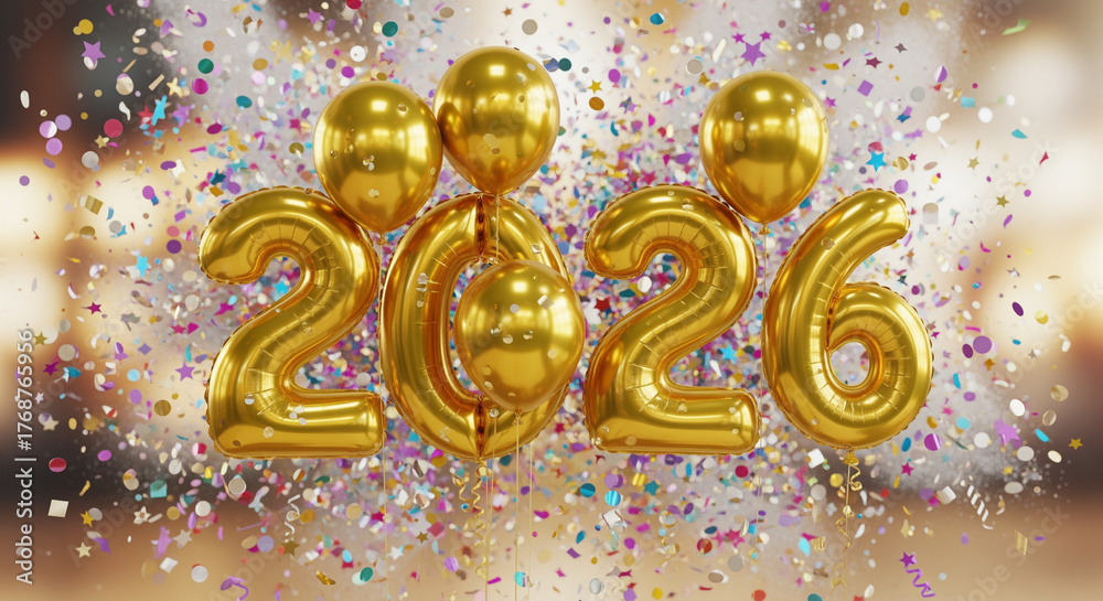 Fototapeta premium 2026 number made of golden balloons with confetti explosion festive party background