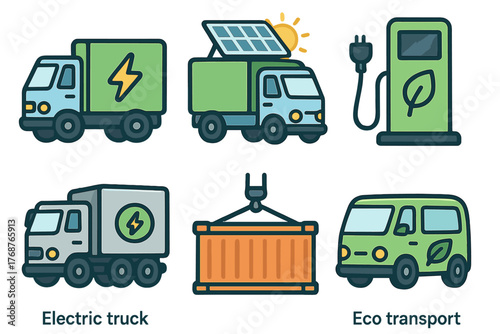 Eco-friendly vehicles and charging station icons with solar-powered truck and electric van