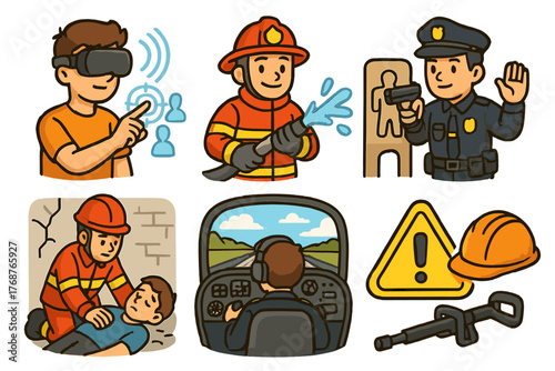 Diverse professions: firefighter, police officer, vr operator, pilot, and safety symbols illustrated
