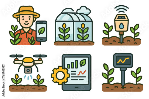 Smart agriculture technology icons: greenhouse, drone, sensors, and farmer