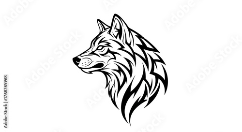 Stylized wolf head illustration emphasizing sharp lines and bold black strokes on white backdrop