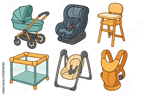 Essential baby gear collection: stroller, car seat, high chair, playpen, swing, carrier