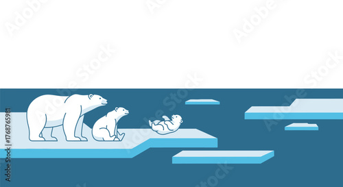 Illustrated polar bear family enjoying on a melting ice floe in minimalist style vector design