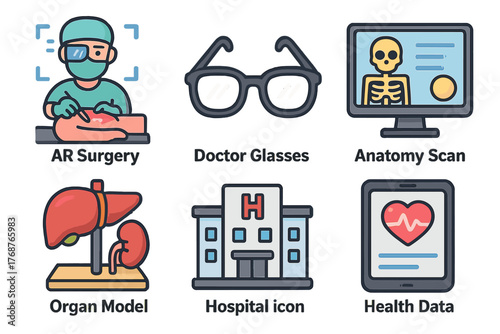 Medical technology icons: ar surgery, anatomy scan, organ model, health data, hospital, glasses