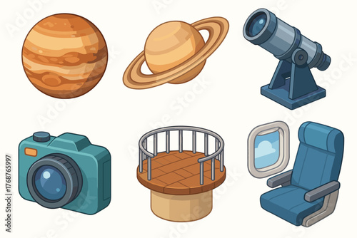 Collection of astronomy and travel icons: planets, telescope, camera, observation deck, airplane seat