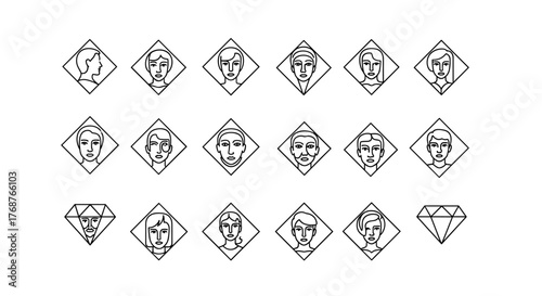 A striking collection of minimalist line art portraits, each enclosed within a diamond shape, showcasing diverse facial features and hairstyles against a stark black background, perfect for graphic