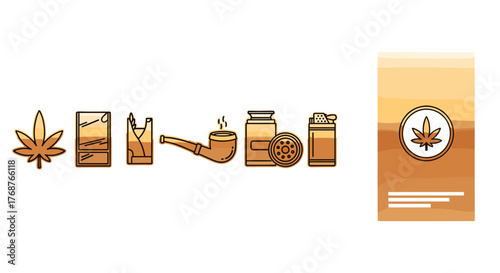 Golden icons representing cannabis culture and accessories, including a marijuana leaf, rolling papers, a pipe, a grinder, a lighter, and a stylized card with a cannabis emblem, all set against a
