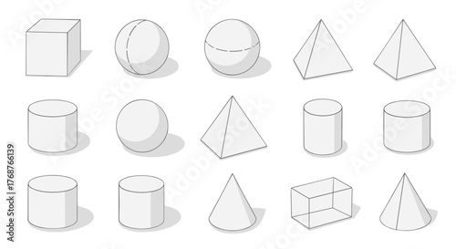 Collection of basic geometric 3D shapes including cubes, spheres, cylinders, pyramids, cones, and rectangular prisms, presented in a clean, minimalist isometric view against a black background