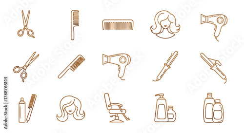 Golden outline icons of hairdressing and beauty salon tools and equipment on a black background, including scissors, combs, hair dryer, curling iron, flat iron, hair spray, barber chair, and shampoo