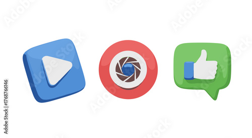 Three-dimensional icons representing video playback, camera lens, and a thumbs-up like symbol, presented in a vibrant, modern 3D render style with a black background, perfect for digital media and