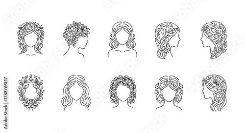 Collection of stylized female hairstyles and a laurel wreath, rendered in a delicate white line art on a stark black background, showcasing intricate floral and leaf motifs integrated into the hair