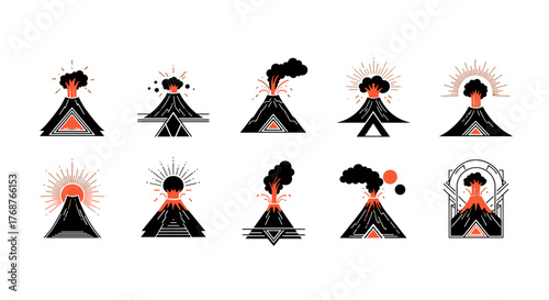 Collection of ten stylized volcano eruption icons in orange and beige tones against a black background, featuring diverse designs from simple geometric shapes to more detailed representations of lava